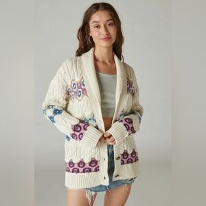 Lucky Brand Intarsia Shawl Wool Blend Cable Knit Cardigan Size XS NWOT
